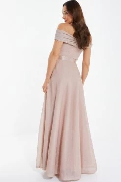 Champagne Bardot Glitter Maxi Dress -Women Clothing Sale 00100036519 XB
