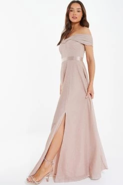 Champagne Bardot Glitter Maxi Dress -Women Clothing Sale 00100036519 XS