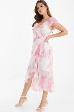 Pink Brush Stroke Frill Midaxi Dress -Women Clothing Sale 00100036520 XS