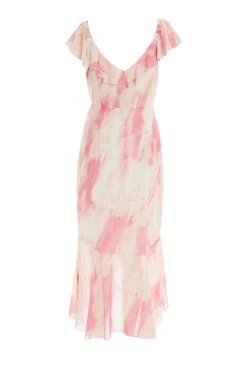 Pink Brush Stroke Frill Midaxi Dress -Women Clothing Sale 00100036520 ZB