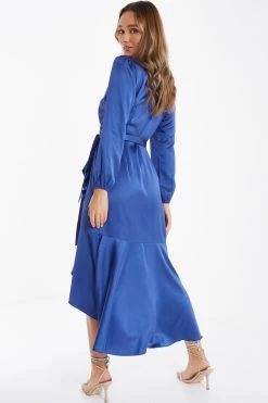 Blue Satin Wrap Midi Dress -Women Clothing Sale 00100036530 XB