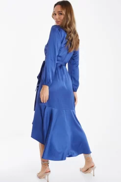 Blue Satin Wrap Midi Dress -Women Clothing Sale 00100036530 XB scaled