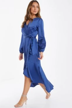 Blue Satin Wrap Midi Dress -Women Clothing Sale 00100036530 XS