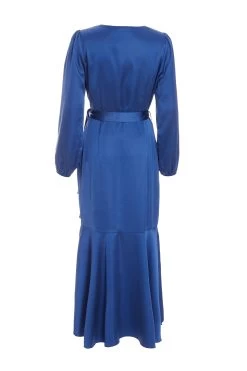 Blue Satin Wrap Midi Dress -Women Clothing Sale 00100036530 ZB