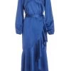 Blue Satin Wrap Midi Dress