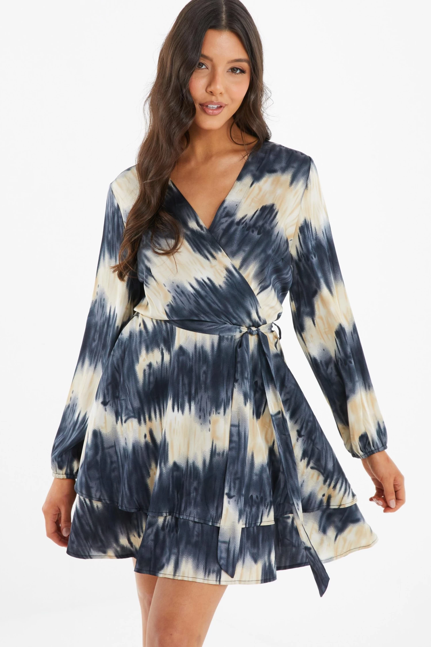 Champagne Satin Marble Print Wrap Mini Dress 2 Champagne Satin Marble Print Wrap Mini Dress - Image 2