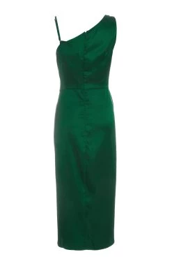 Bottle Green Satin One Shoulder Midi Dress -Women Clothing Sale 00100036595 ZB