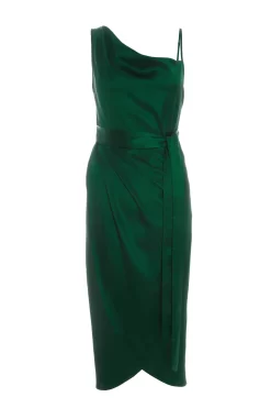 Bottle Green Satin One Shoulder Midi Dress