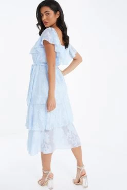 Light Blue Floral Jacquard Tiered Midi Dress -Women Clothing Sale 00100036640 XB