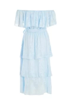 Light Blue Floral Jacquard Tiered Midi Dress -Women Clothing Sale 00100036640 ZB