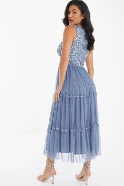 Blue Sequin Tulle Midi Dress -Women Clothing Sale 00100036641 XB