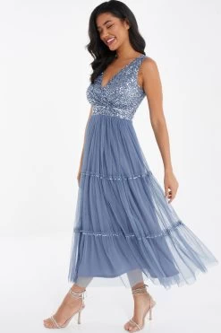 Blue Sequin Tulle Midi Dress -Women Clothing Sale 00100036641 XS