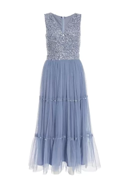 Blue Sequin Tulle Midi Dress