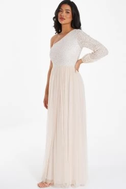 Champagne Sequin One Shoulder Maxi Dress -Women Clothing Sale 00100036643 XS