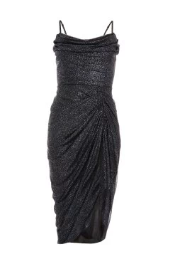 Black Glitter Cowl Neck Ruched Midi Dress