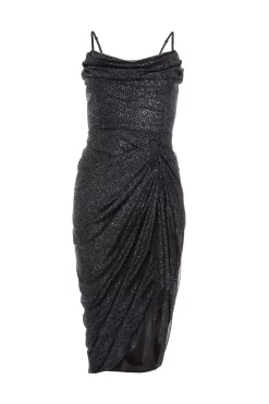 Black Glitter Cowl Neck Ruched Midi Dress