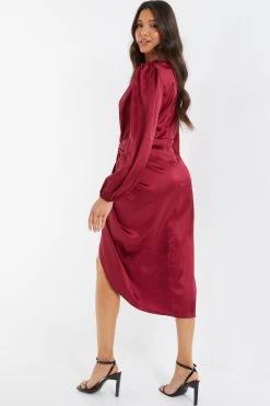 Berry Satin Long Sleeve Ruched Midi Dress -Women Clothing Sale 00100036676 XB