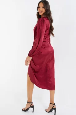 Berry Satin Long Sleeve Ruched Midi Dress -Women Clothing Sale 00100036676 XB scaled