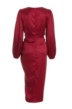 Berry Satin Long Sleeve Ruched Midi Dress -Women Clothing Sale 00100036676 ZB