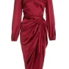 Berry Satin Long Sleeve Ruched Midi Dress