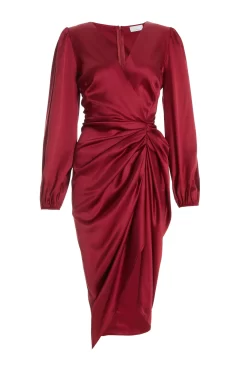 Berry Satin Long Sleeve Ruched Midi Dress