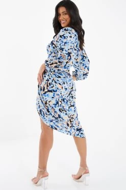 Blue Smudge Print Ruched Midi Dress 8 Blue Smudge Print Ruched Midi Dress -Women Clothing Sale 00100036685 XB