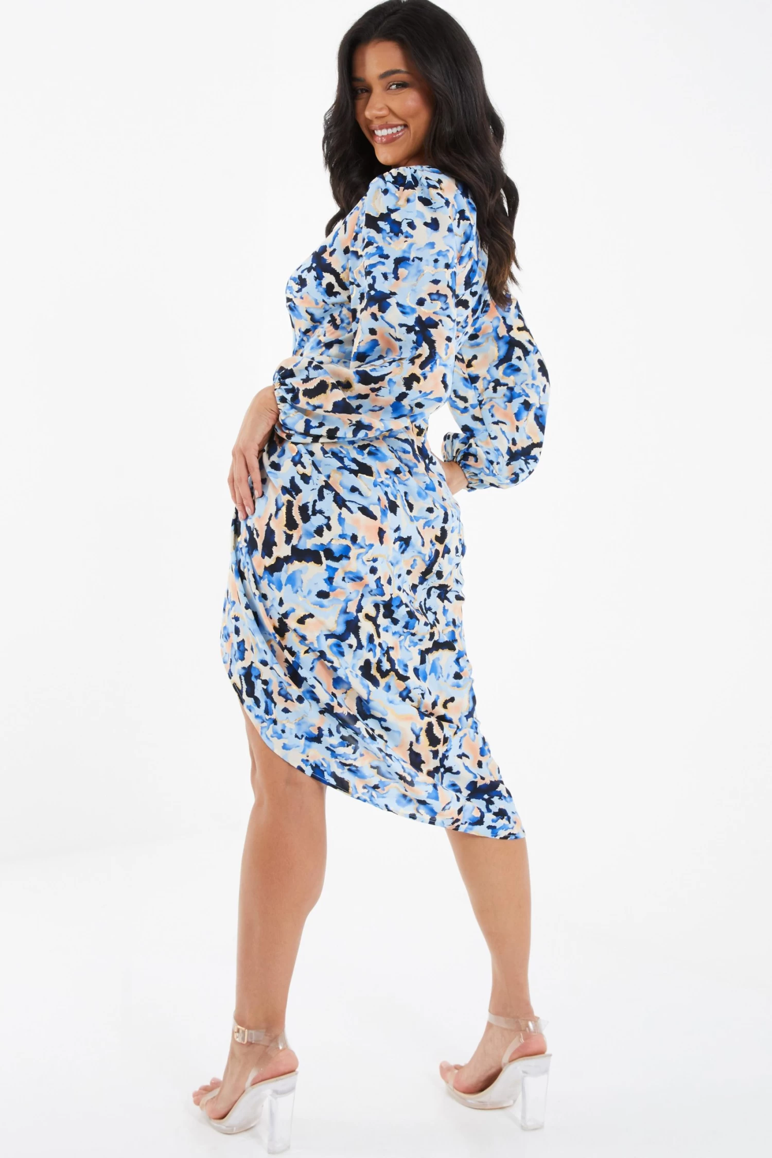 Blue Smudge Print Ruched Midi Dress 3 Blue Smudge Print Ruched Midi Dress - Image 3