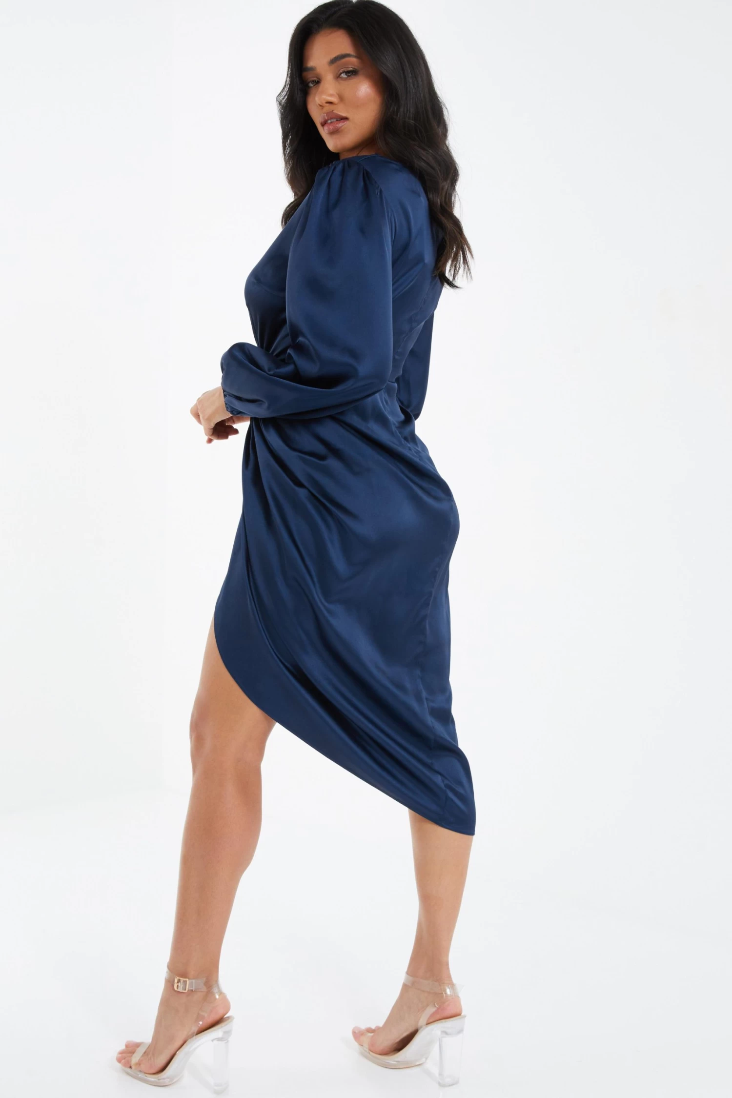 Navy Satin Ruched Midi Dress 3 Navy Satin Ruched Midi Dress - Image 3
