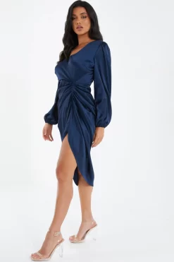 Navy Satin Ruched Midi Dress 9 Navy Satin Ruched Midi Dress -Women Clothing Sale 00100036687 XS scaled