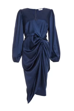 Navy Satin Ruched Midi Dress
