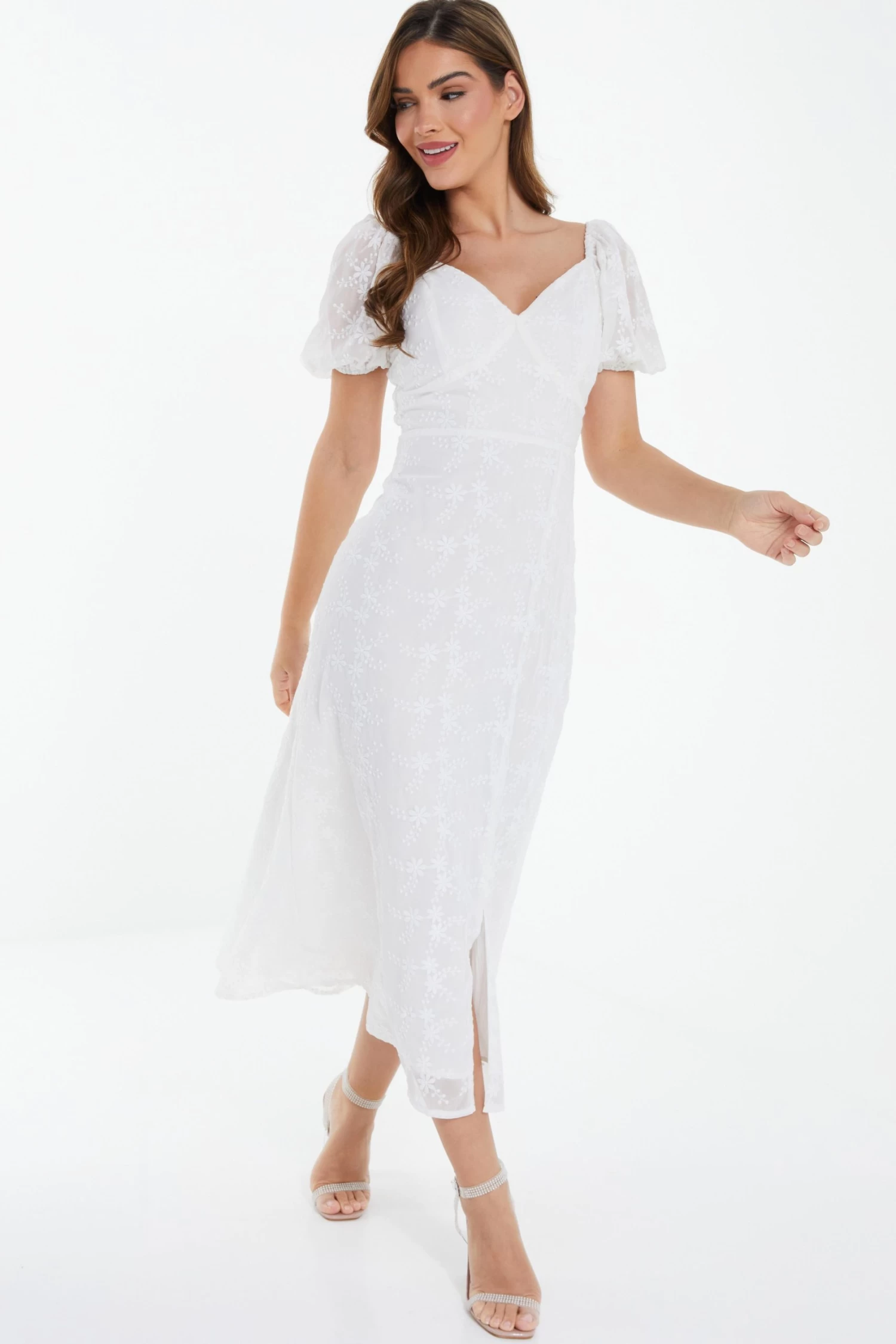 White Chiffon Floral Embroidered Midi Dress 4 White Chiffon Floral Embroidered Midi Dress - Image 4
