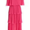 Pink Bardot Tiered Midaxi Dress