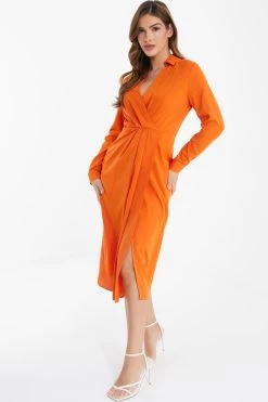 Orange Shirt Midi Dress -Women Clothing Sale 00100036821 XS