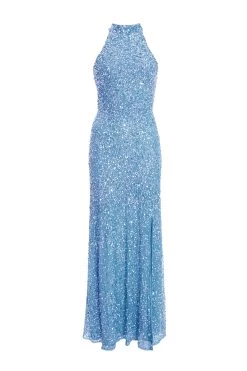 Blue Sequin Halter Neck Fishtail Maxi Dress