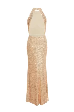 Rose Gold Sequin Halter Neck Fishtail Maxi Dress -Women Clothing Sale 00100036824 ZB scaled