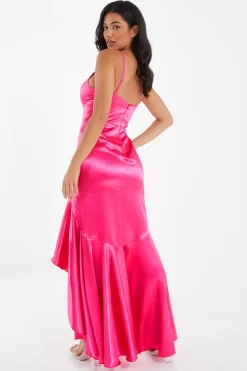 Pink Satin Ruffle Maxi Dress -Women Clothing Sale 00100036828 XB scaled