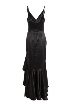 Black Satin Ruffle Maxi Dress -Women Clothing Sale 00100036829 ZB