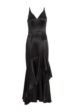 Black Satin Ruffle Maxi Dress