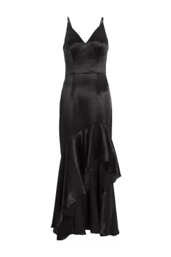 Black Satin Ruffle Maxi Dress