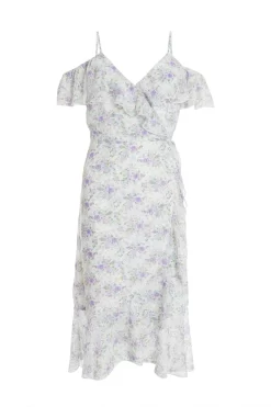 White Floral Cold Shoulder Wrap Midi Dress