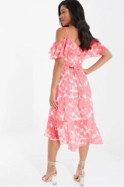Coral Floral Cold Shoulder Wrap Midi Dress 8 Coral Floral Cold Shoulder Wrap Midi Dress -Women Clothing Sale 00100036834 XB