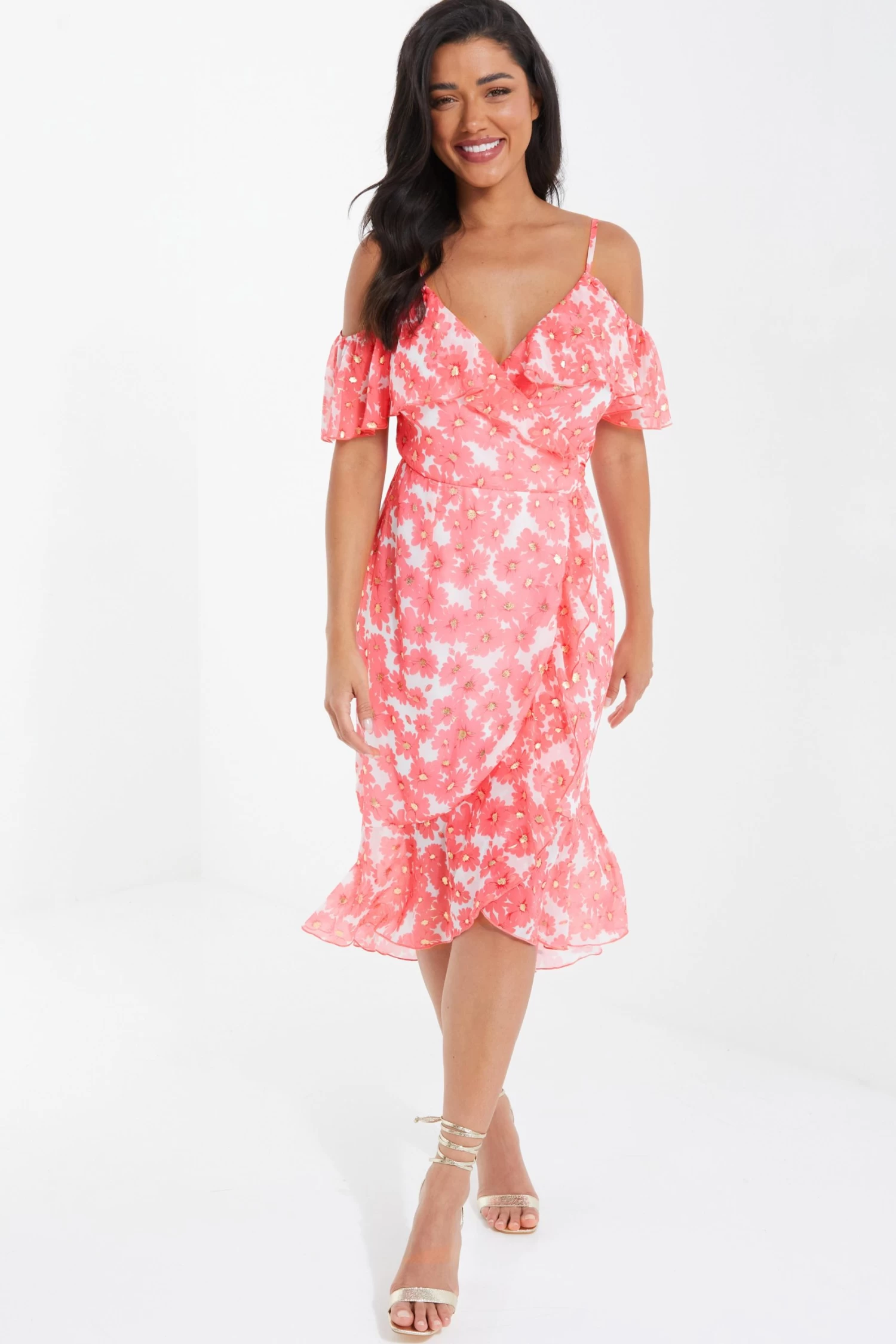 Coral Floral Cold Shoulder Wrap Midi Dress 2 Coral Floral Cold Shoulder Wrap Midi Dress - Image 2