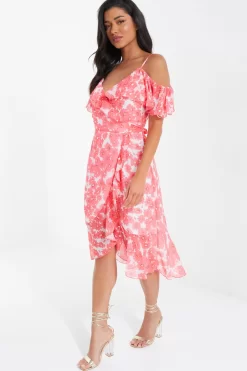 Coral Floral Cold Shoulder Wrap Midi Dress 9 Coral Floral Cold Shoulder Wrap Midi Dress -Women Clothing Sale 00100036834 XS scaled