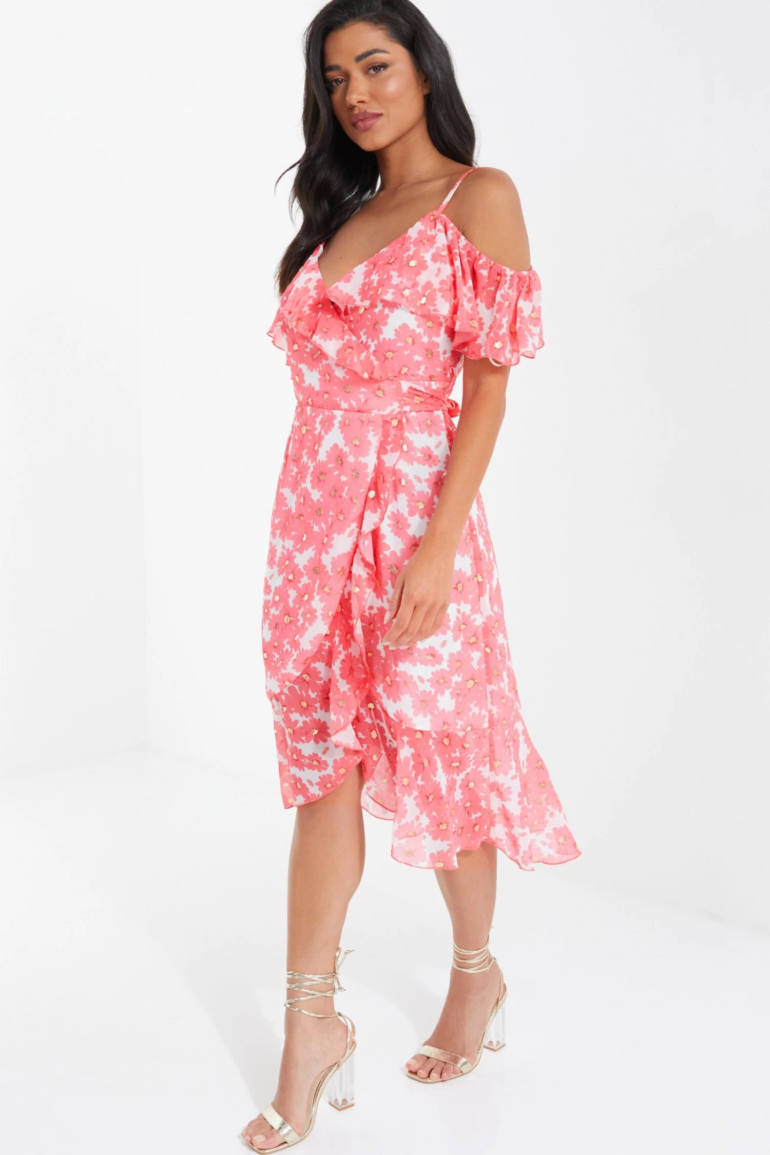 Coral Floral Cold Shoulder Wrap Midi Dress 4 Coral Floral Cold Shoulder Wrap Midi Dress - Image 4