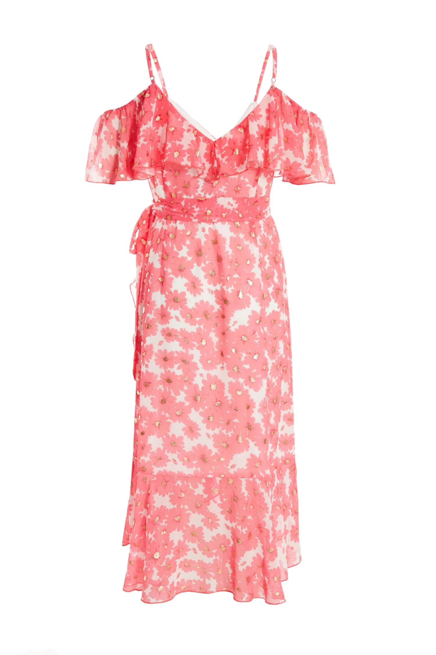 Coral Floral Cold Shoulder Wrap Midi Dress 5 Coral Floral Cold Shoulder Wrap Midi Dress - Image 5