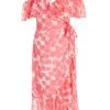 Coral Floral Cold Shoulder Wrap Midi Dress