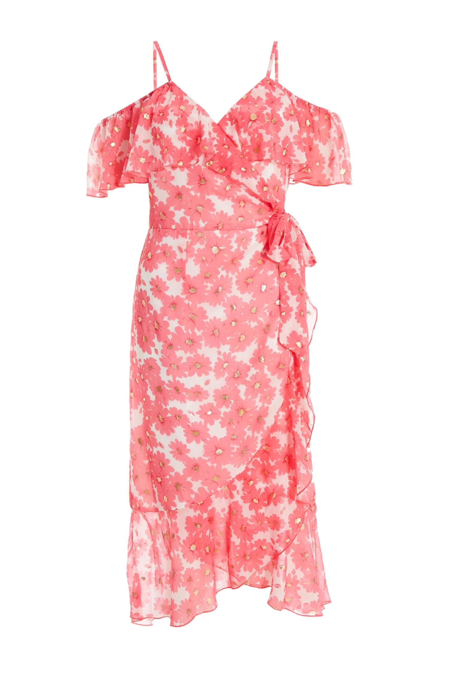 Coral Floral Cold Shoulder Wrap Midi Dress 1 Coral Floral Cold Shoulder Wrap Midi Dress