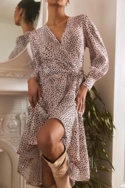 Pink Satin Animal Print Midi Dress