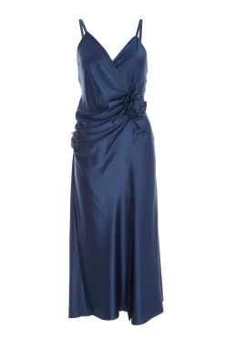 Navy Satin Wrap Floral Midi Dress
