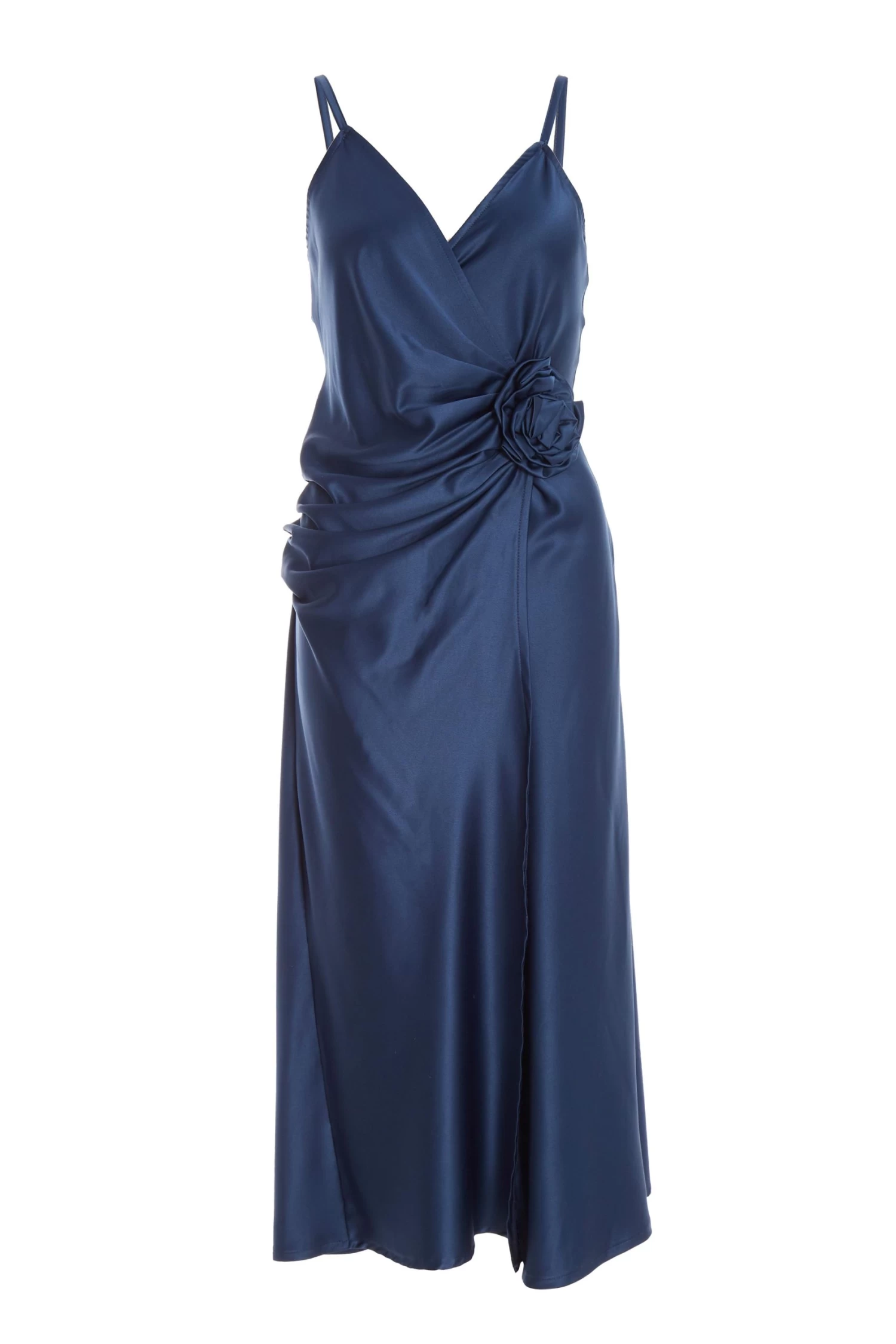 Navy Satin Wrap Floral Midi Dress 1 Navy Satin Wrap Floral Midi Dress